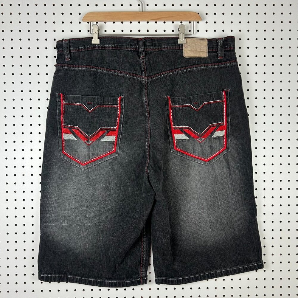 Red Ape Black Baggy Jean Shorts Sz 42‎ Jorts Wide Leg Skate Y2K Embroidered Goth